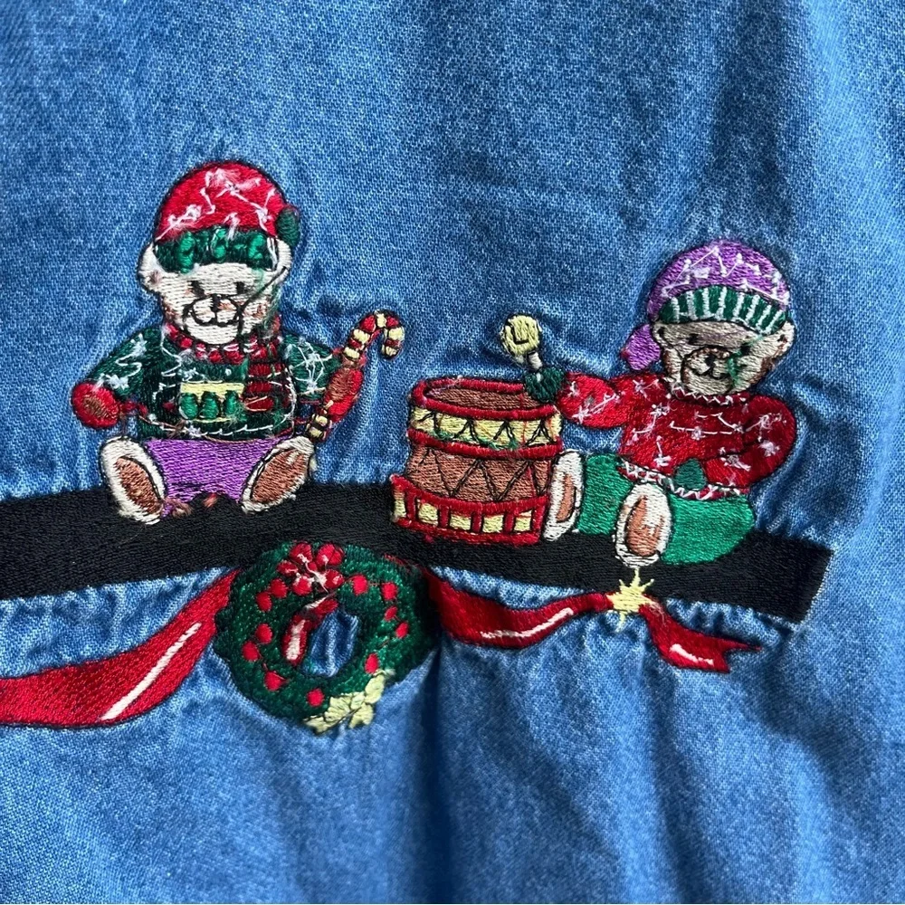 Vintage Bobbie Brooks Blue Denim Shirt with Festive Bear Embroidery - Picture 3 of 5